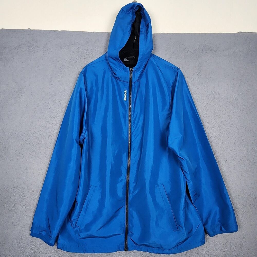 Reebok Windbreaker Jacket Mens 2XL Blue Hooded Full Zip Lightweight Spring